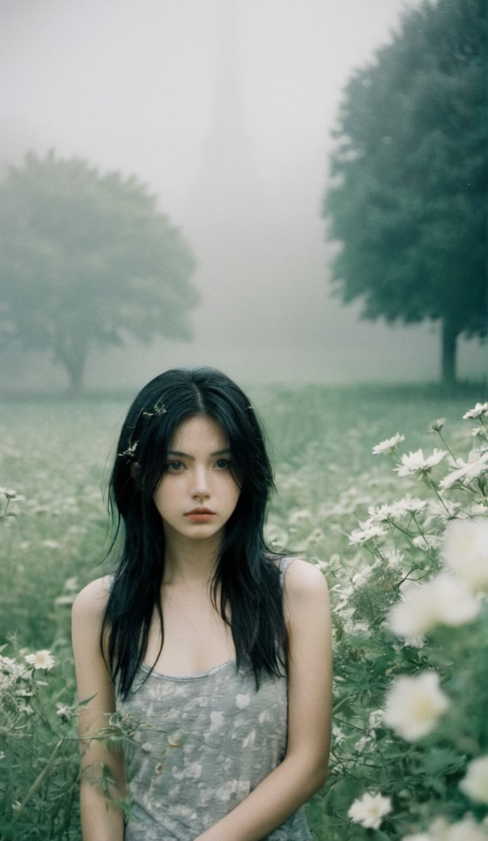 xxmix_girl,1girl,green theme,black hair,messy hair,film grain,fog,Tyndall,in the gardon,surrounded by flowers,sll,FilmGirl