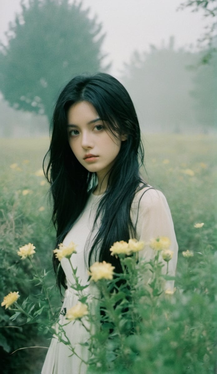 xxmix_girl,1girl,green theme,black hair,messy hair,film grain,fog,Tyndall,in the gardon,surrounded by flowers,sll,FilmGirl