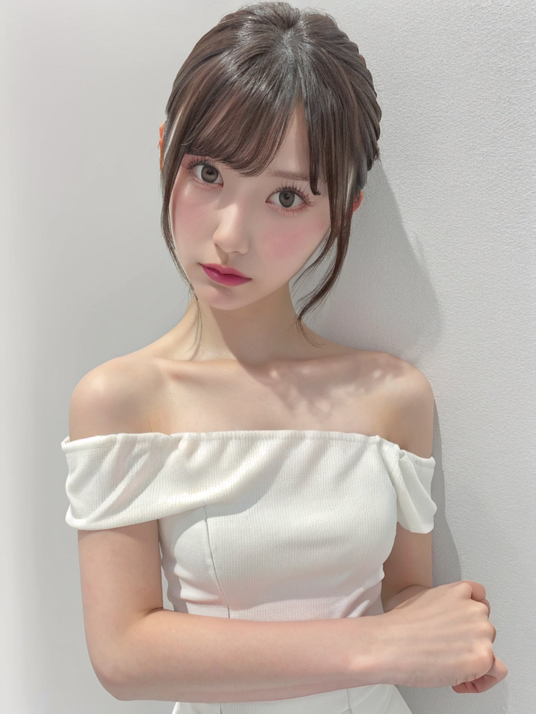 1girl, (age 13-16:1.4), gorgeous, (dynamic pose:0.8),studio lighting, white background, japanese teen top model, bang, hime haircut, heterochromia, white pastel off-shoulder dress,mikana_yamamoto, glasses