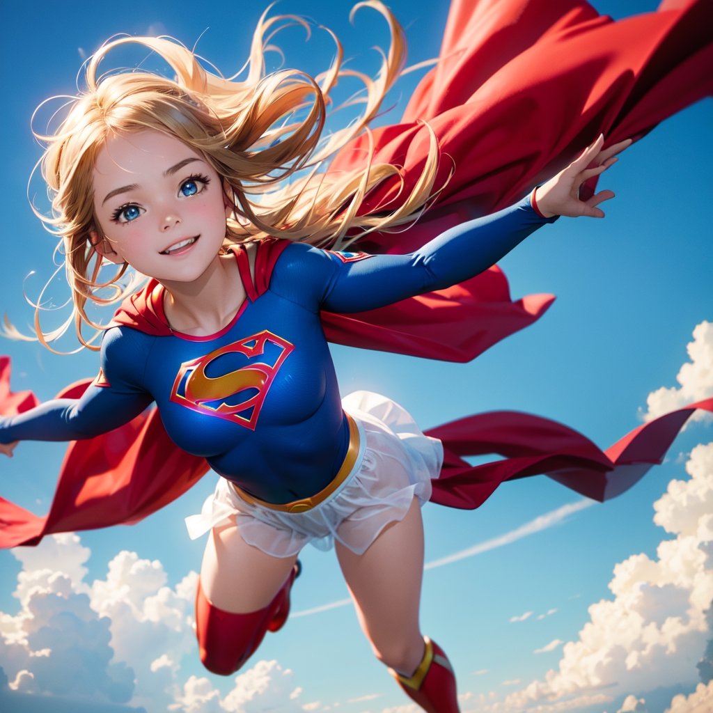 masterpiece, best quality, movie still, 1girl,floating in the sky, happy,supergirl clothing, red kirt, 