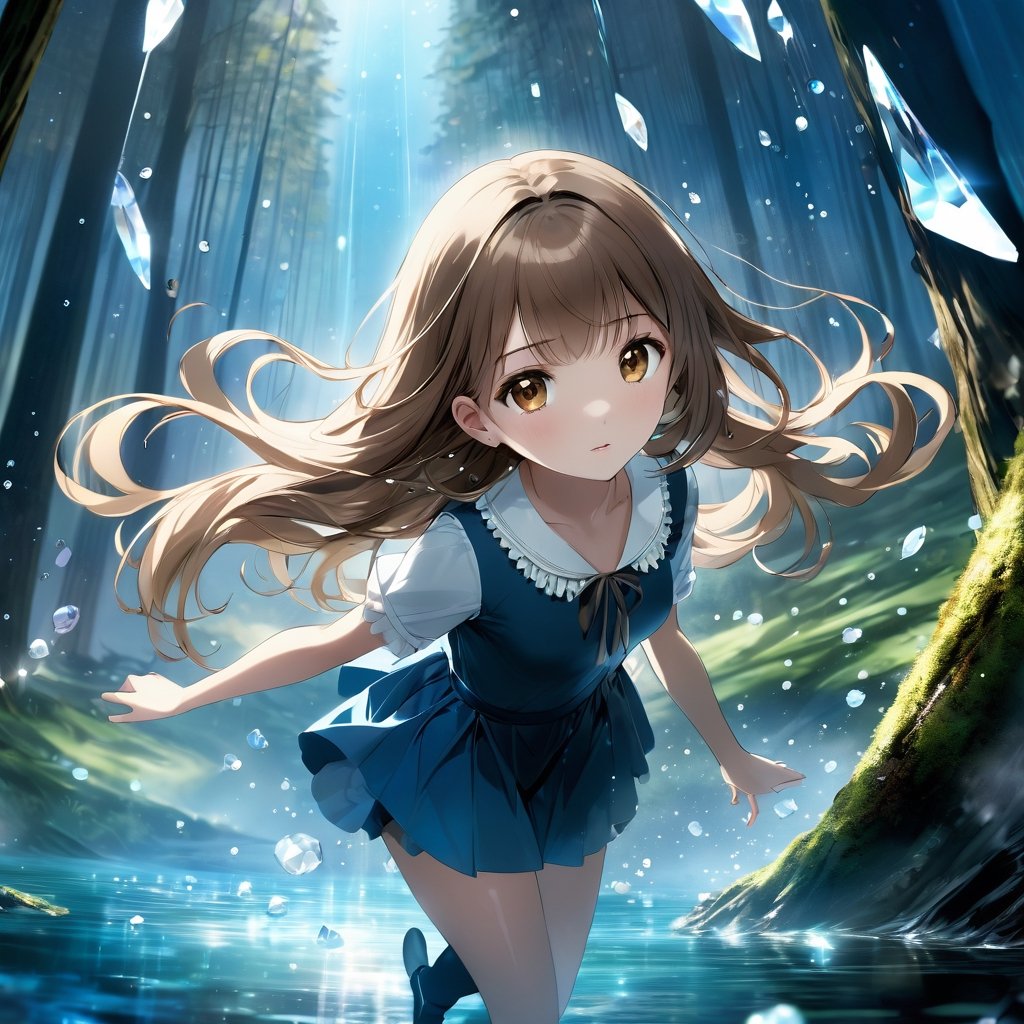 (masterpiece, best quality), movie still, floating in the sky,  1girl, light Brown hair, water hair, light Brown eyes, black thighhighs, sidelighting, light particles, abstract, pearl earring, crystal necklace, darker blue, contrast:0.5, background enchanted Forest, perspective:0.5, gaussian blur, intensity:0.5
