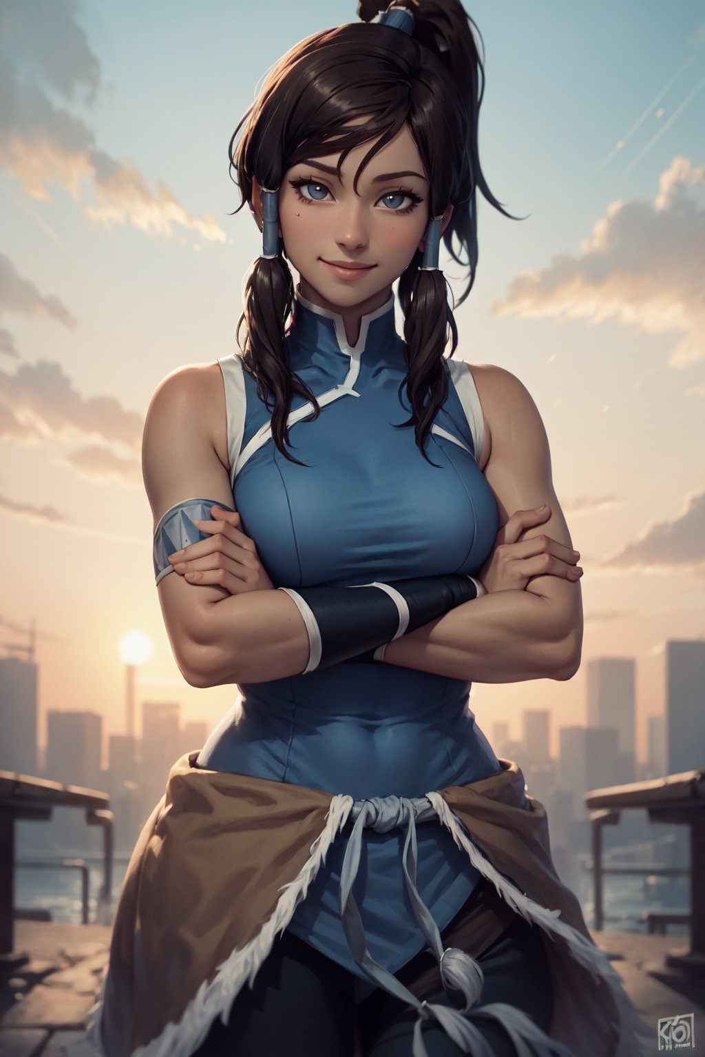 (masterpiece, best quality:1.2), solo, 1girl, korra, dark skin, dark-skinned female, smile, looking at viewer, crossed arms, ponytail, hair tubes, sleeveless, bare shoulders