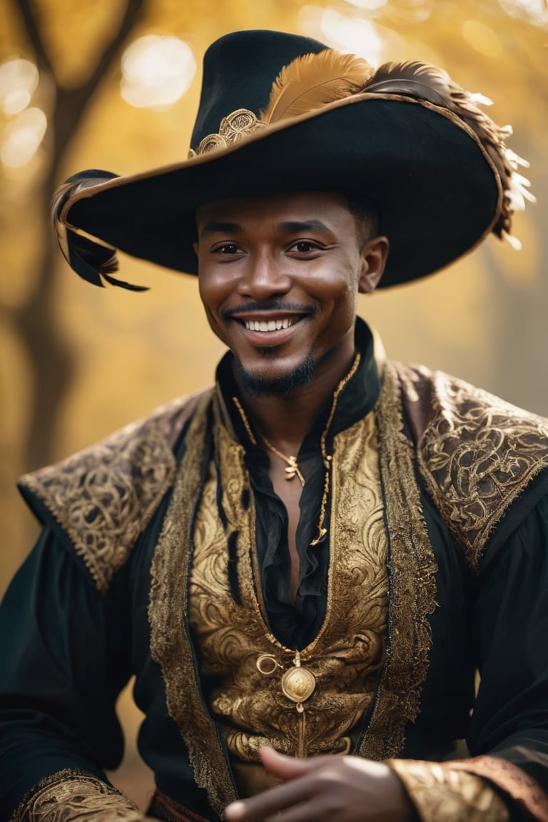 A captivating cinematic portrait of a man with dark skin,  dressed as a bard. He wears a richly embroidered black and gold...