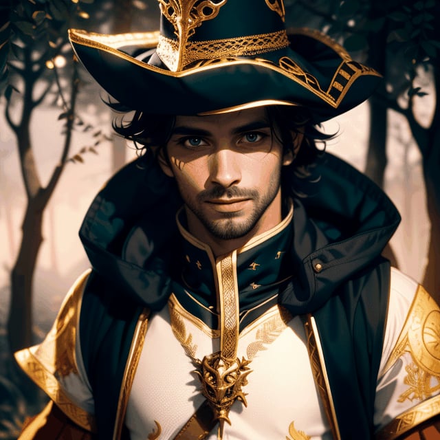 A captivating cinematic portrait of a man with dark skin,  dressed as a bard. He wears a richly embroidered black and gold...