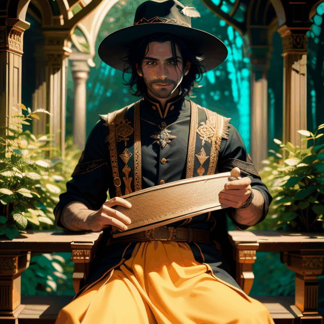 A captivating cinematic portrait of a man with dark skin,  dressed as a bard. He wears a richly embroidered black and gold...