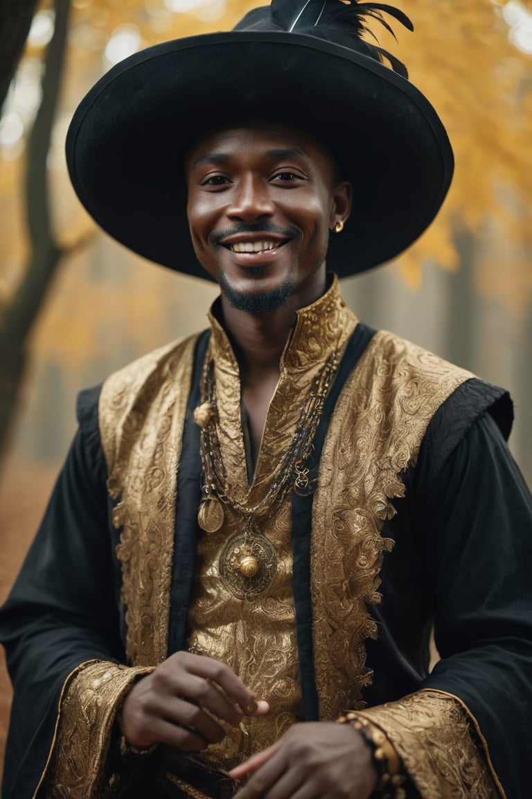 A captivating cinematic portrait of a man with dark skin,  dressed as a bard. He wears a richly embroidered black and gold...