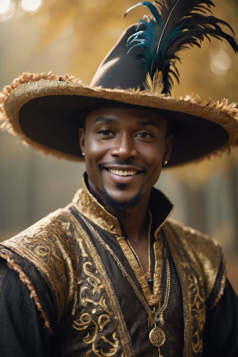 A captivating cinematic portrait of a man with dark skin,  dressed as a bard. He wears a richly embroidered black and gold...