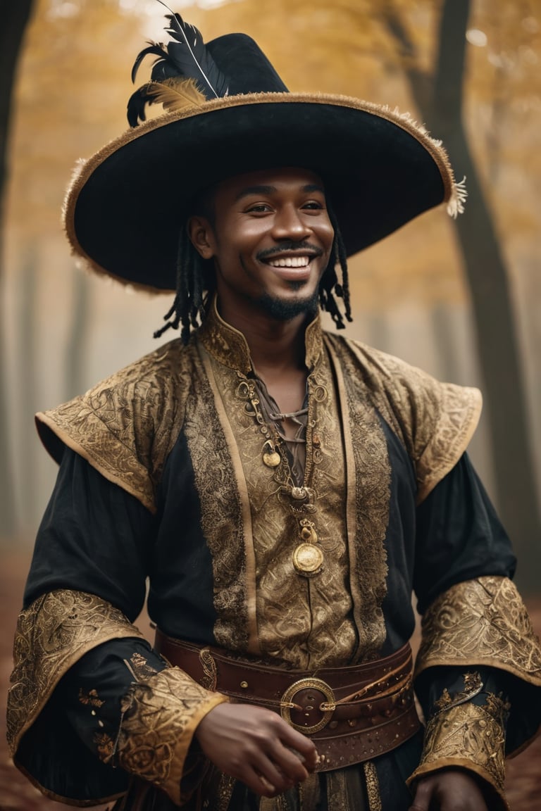 A captivating cinematic portrait of a man with dark skin,  dressed as a bard. He wears a richly embroidered black and gold...