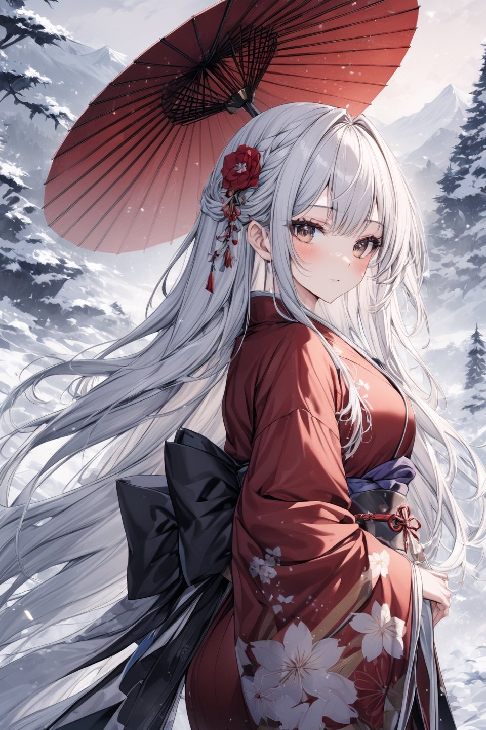 Extreme detailed, (masterful), 1girl, claraval, solo, looking at viewer, long sleeves, japanese clothes, wide sleeves, kimono, sash, obi, red kimono