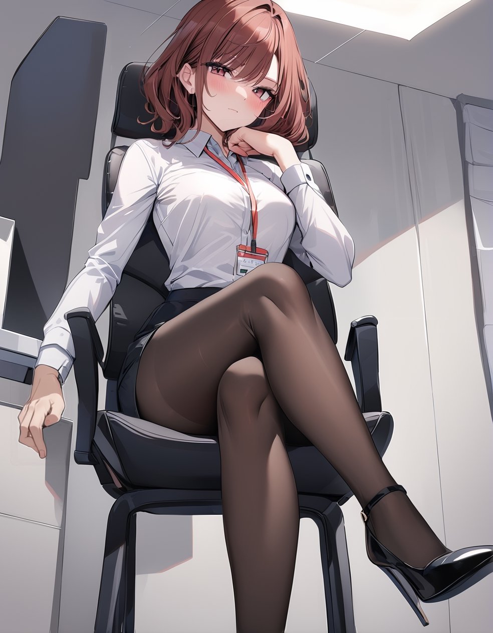 1girl, madoka higuchi, shinycolors, looking at viewer, blush, skirt, shirt, long sleeves, sitting, closed mouth, white shirt, pantyhose, thighs, collared shirt, miniskirt, black skirt, black footwear, high heels, legs, black pantyhose, dress shirt, chair, crossed legs, pencil skirt, office lady, id card, lanyard, office chair, (bow), best hands, extreme detailed, (masterpiece)