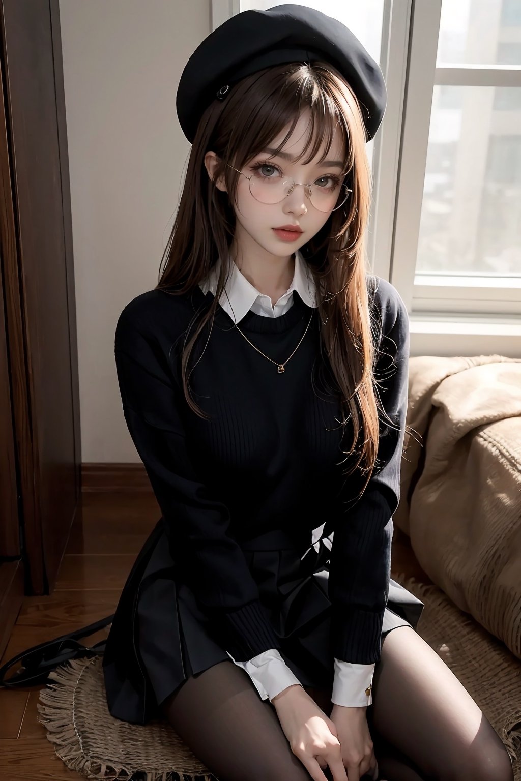 Extreme detailed, (masterful), 1girl, solo, long hair, brown hair, beret, cat ears, sunglasses, black sweater, white collar, black frilled skirt, pantyhose