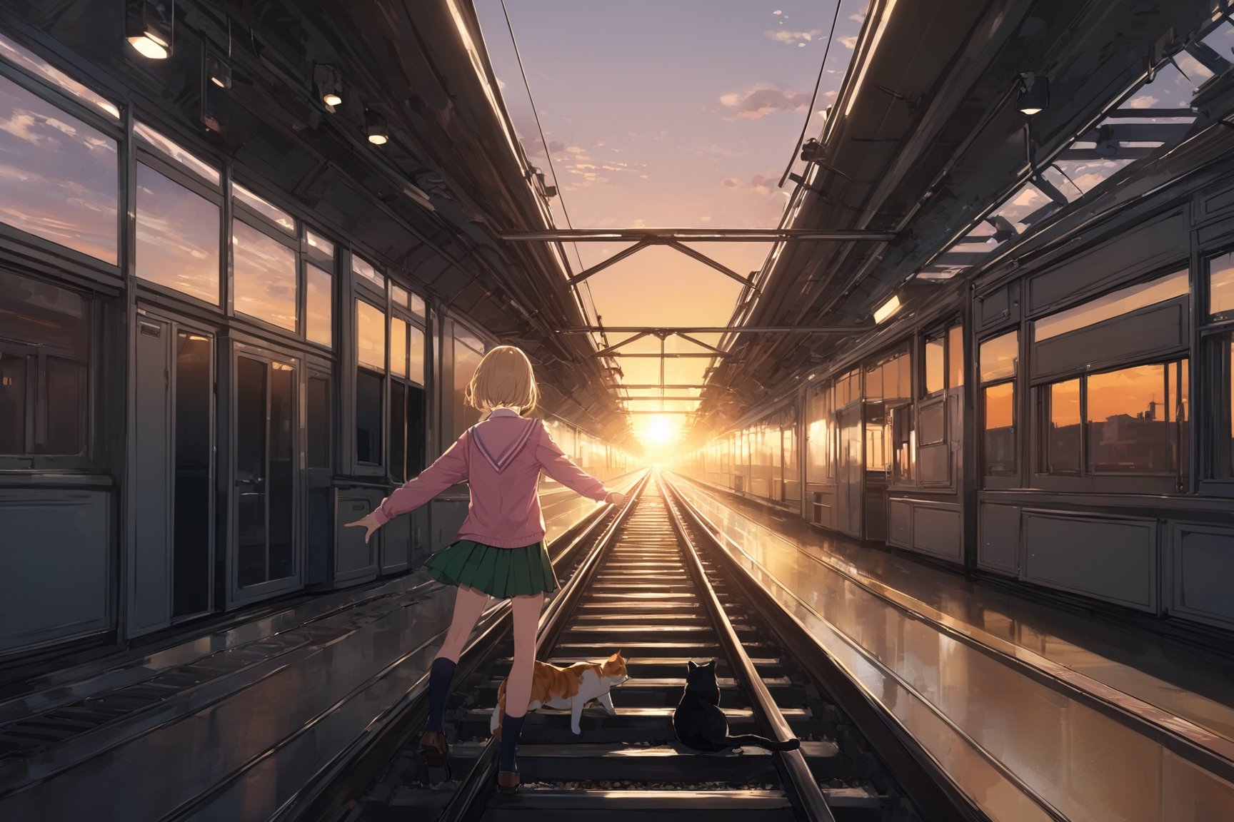 Extreme detailed, (masterful), 1girl, solo, short hair, standing on top of train, sunset, reaching arms out, back view, short hair, blonde hair, shirt, long sleeves, ribbon, collared shirt, pink shirt, school uniform, green skirt, wide shot, railway, cat