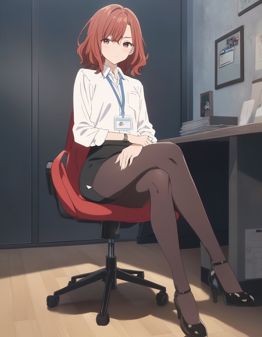 1girl, madoka higuchi, shinycolors, looking at viewer, blush, skirt, shirt, long sleeves, sitting, closed mouth, white shirt, pantyhose, thighs, collared shirt, miniskirt, black skirt, black footwear, high heels, legs, black pantyhose, dress shirt, chair, crossed legs, pencil skirt, office lady, id card, lanyard, office chair, (bow), ((best hands)), narrow fingers, anime_screencap, extreme detailed, (masterpiece), Visual Anime