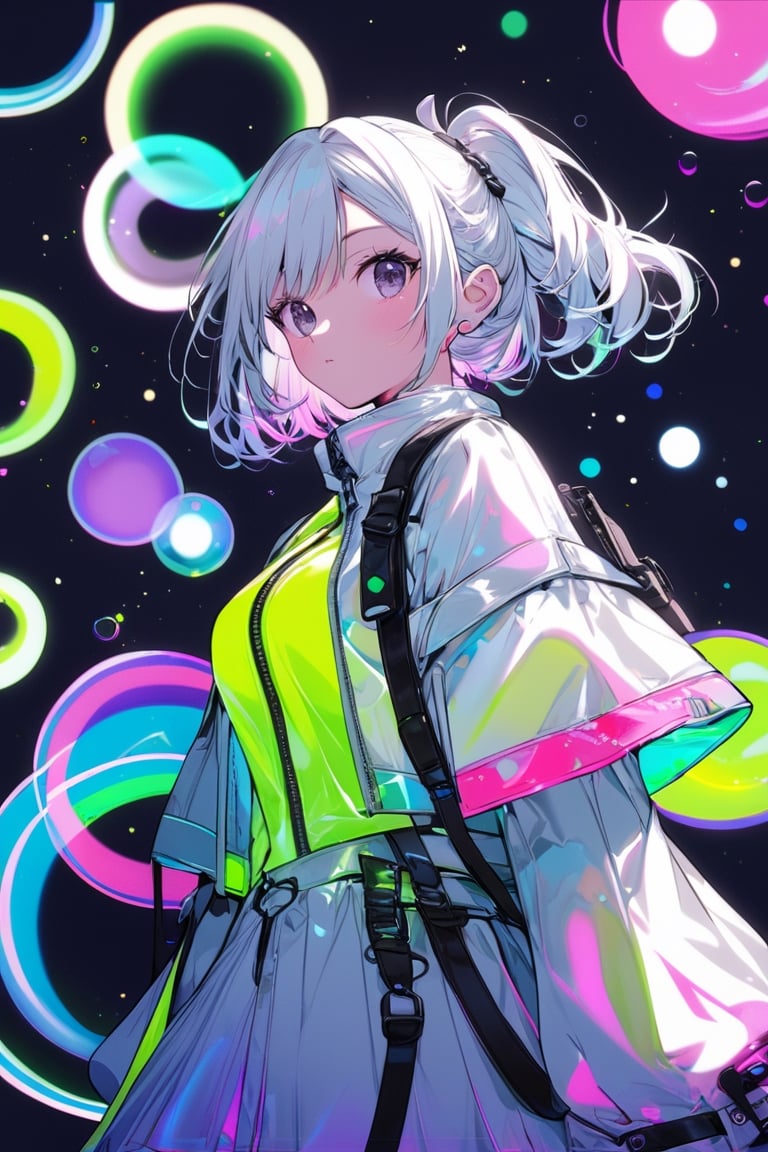 Extreme detailed, (masterful), 1girl, neon lights, bubbles, transluscent clothing, simplistic, coloring book style, simple background, plain colour background, luminescence