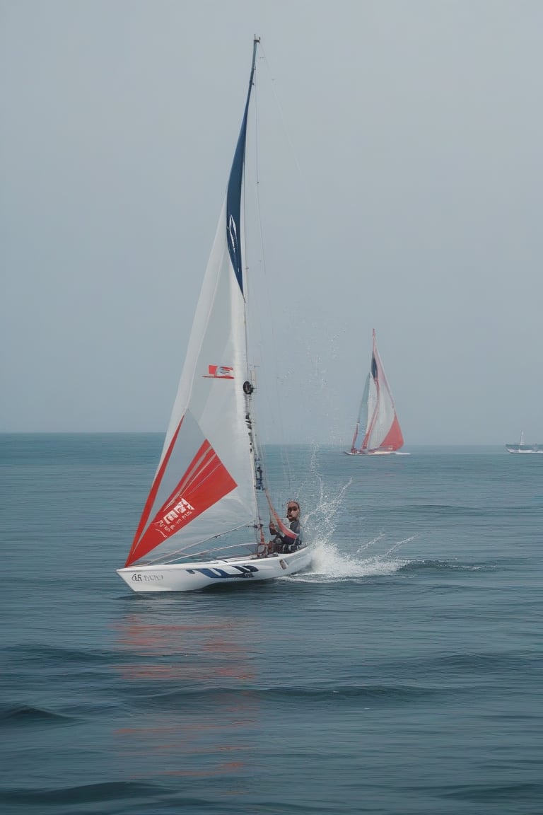 score_9,score_8_up,score_7_up,score_6_up, 1 girl, kite sailing, racing kite sailboat, at sea with other saiboat, water splashing, number tag, leading competiton in background, fast pace, olympic, girl focus, 