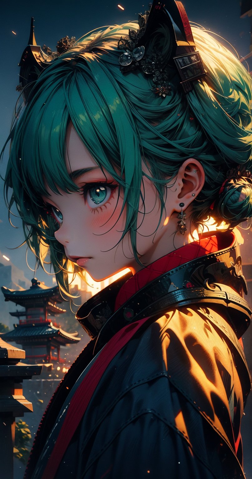 ((1 female)), Hatsune Miku, petite girl, full body, chibi, 3D figure little girl, green hair, twintails, beautiful girl with attention to detail, beautiful delicate eyes, detailed face, beautiful eyes, Japanese Warring States Period Samurai, Wearing Traditional Samurai Armor, Holding a Sword Poised, detail, dynamic beautiful pose, dynamic pose, gothic architecture, natural light, ((real)) Quality: 1.2 )), Dynamic Distance Shot, Cinematic Lighting, Perfect Composition, Super Detail, Official Art, Masterpiece, (Best) Quality: 1.3), Reflections, High Resolution CG Unity 8K Wallpaper , Detailed Background, Masterpiece, ( Photorealistic): 1.2), random angle, side angle, chibi, whole body, mikdef,