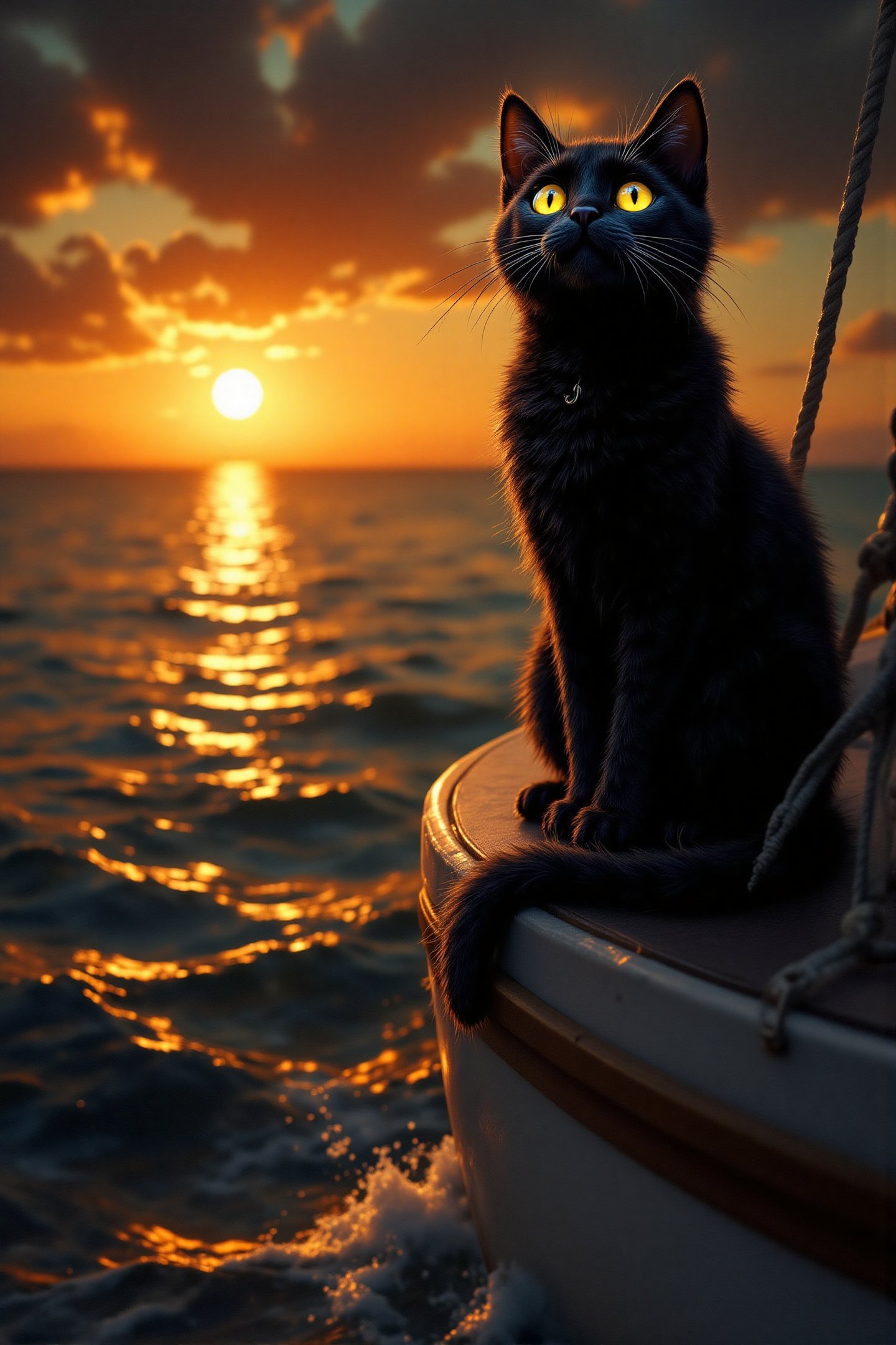 Acrylic painting of A black cat with yellow eyes,  sitting on the sailing boat looking afar on the shore,  sun is setting...