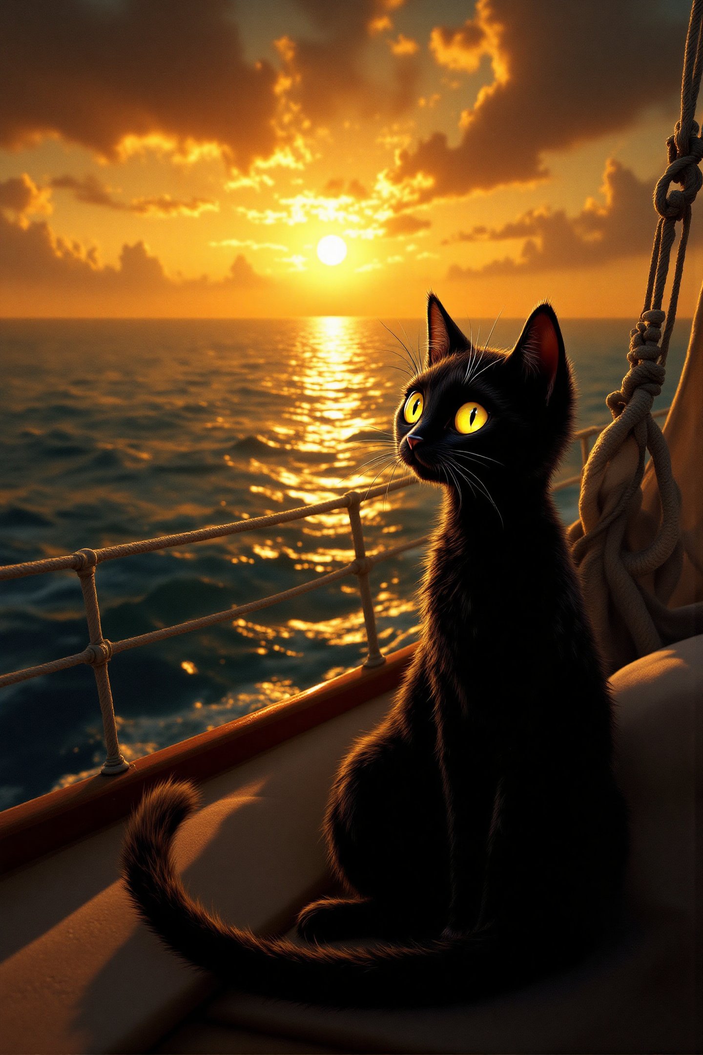 Acrylic painting of A black cat with yellow eyes,  sitting on the sailing boat looking afar on the shore,  sun is setting...