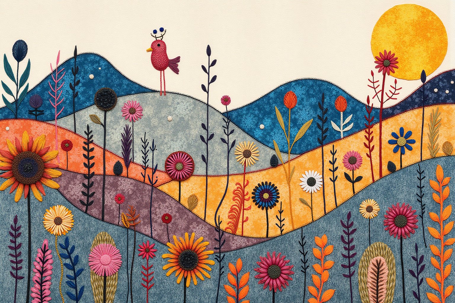 a photograph of an artwork where a textile collage is stitched onto a watercolor canvas. The artwork depicts a whimsical w...