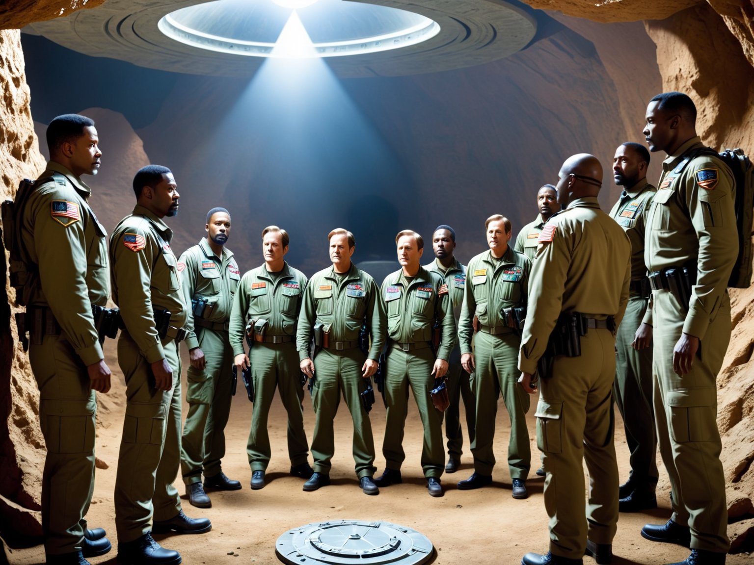 The team gathers at a top-secret government facility. They meet General Johnson who briefs them on the mission: retrieve an artifact from an alien base buried deep underground.