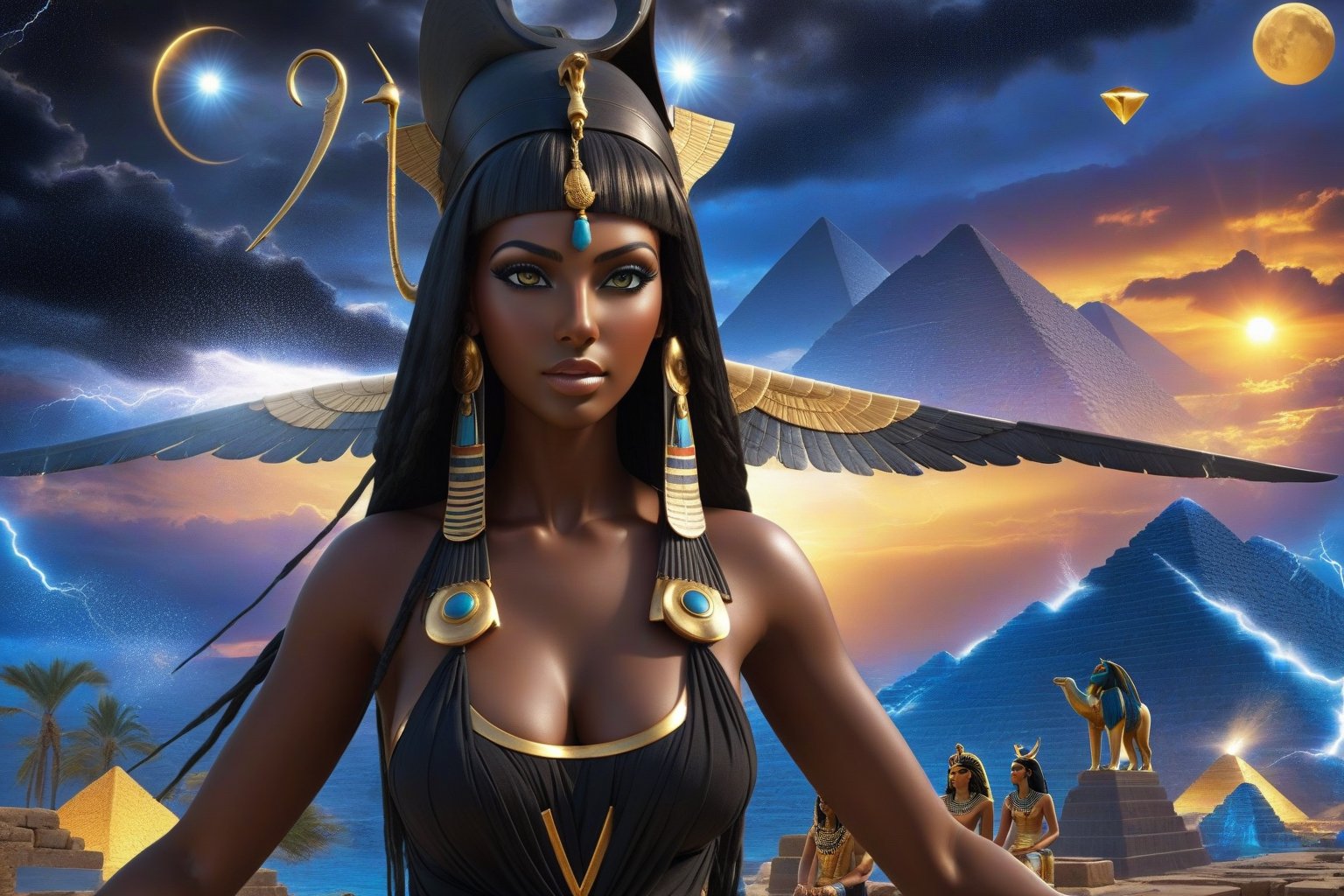 there is a woman with a black dress and an egyptian statue, dark skin female goddess of love, storm egyptian god, epic 3 d yemaya, cinematic goddess close shot, beautiful cleopatra, epic 3 d oshun, cleopatra portrait, android girl in egyptian ruins, 3 d goddess minerva, egyptian princess, kemetic, photo of ghost of anubis