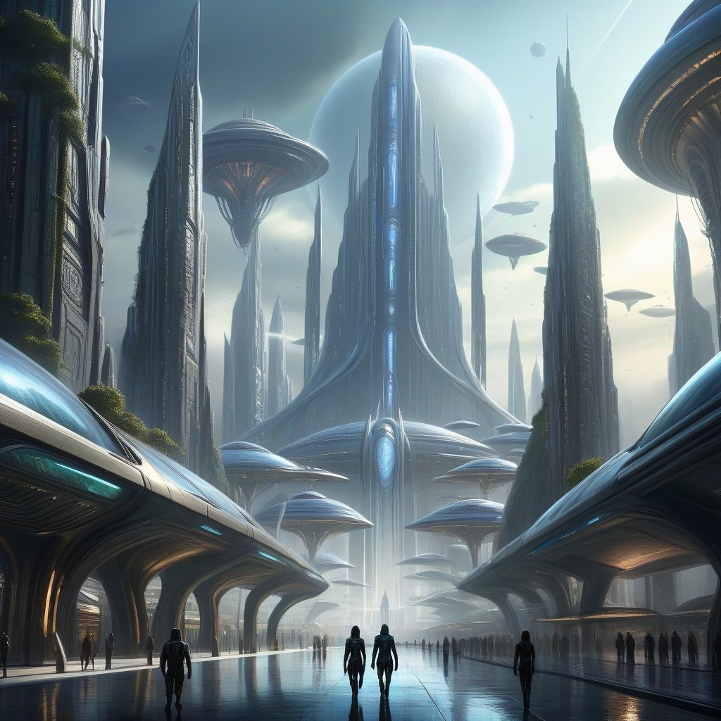 futuristic city with two people walking in the middle of it,  in fantasy sci - fi city,  futuristic alien city by RAYSHARK...
