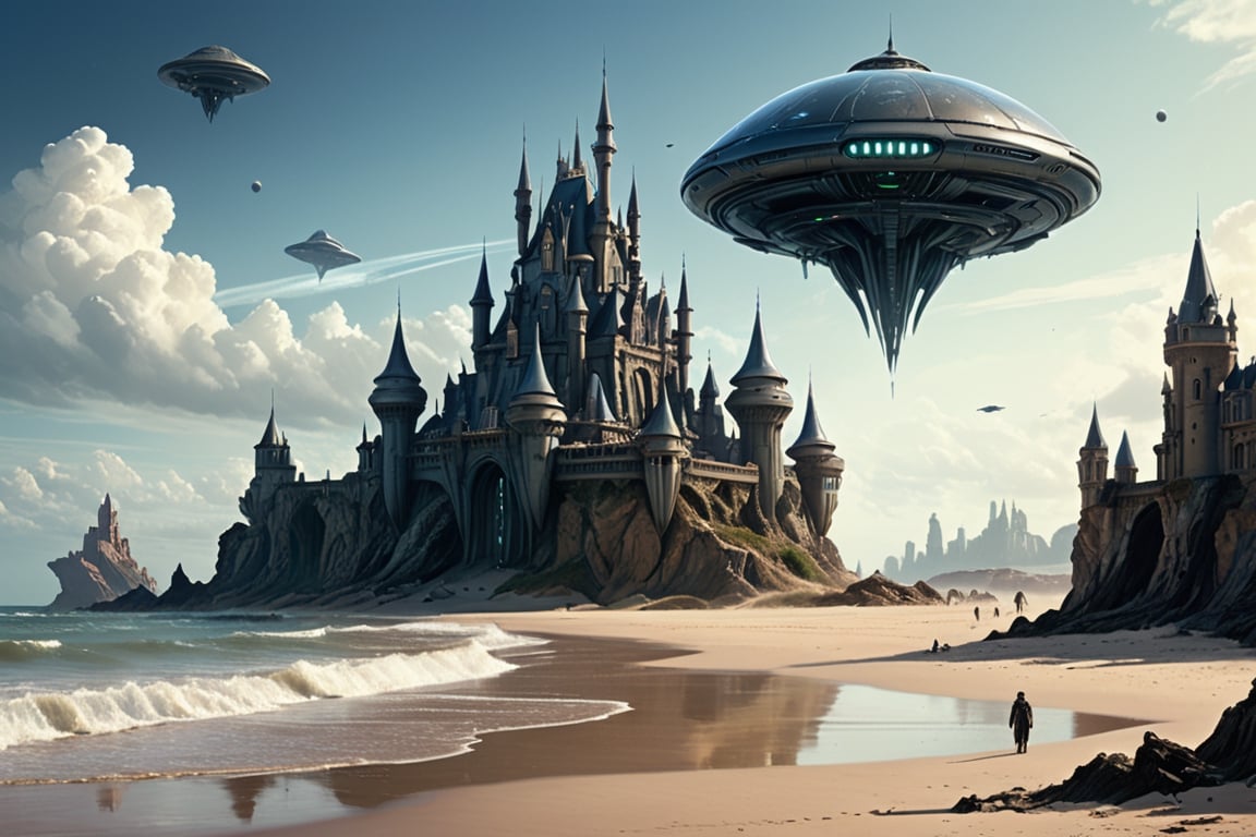 there is a large building on the beach with a flying object,  inspired victorian sci - fi,  in a castle on an alien planet...