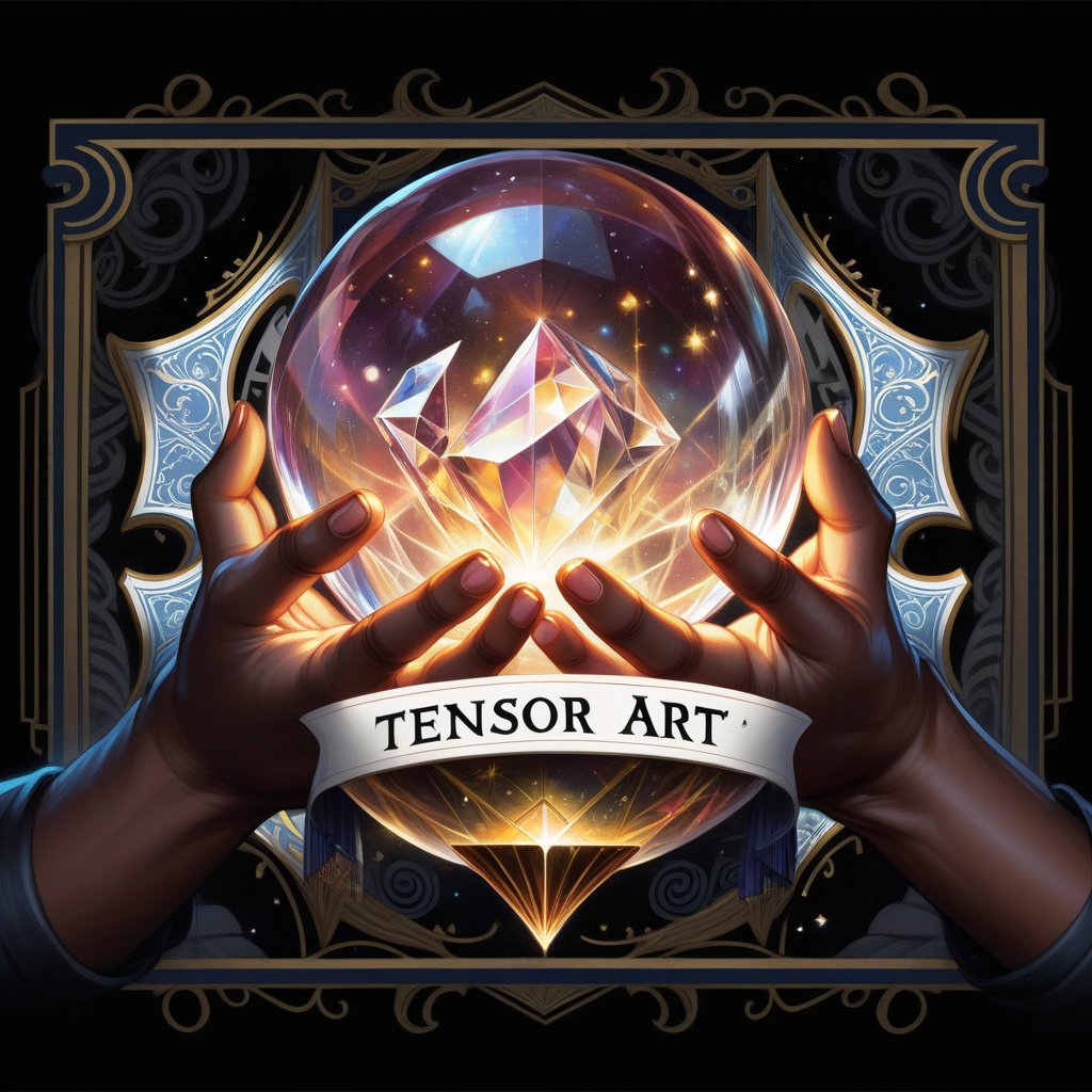 someone holding a crystal ball with the words 1 YEAR TENSOR ART in it,  art cover,  official artwork by RAYSHARK1 on Tenso...