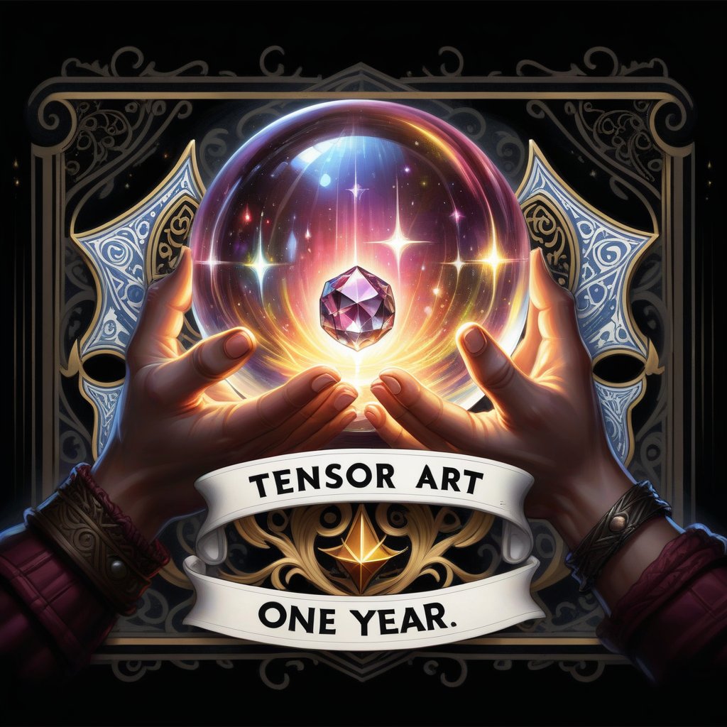 someone holding a crystal ball with the words TENSOR ART ONE YEAR in it,  art cover,  official artwork by RAYSHARK1 on Ten...