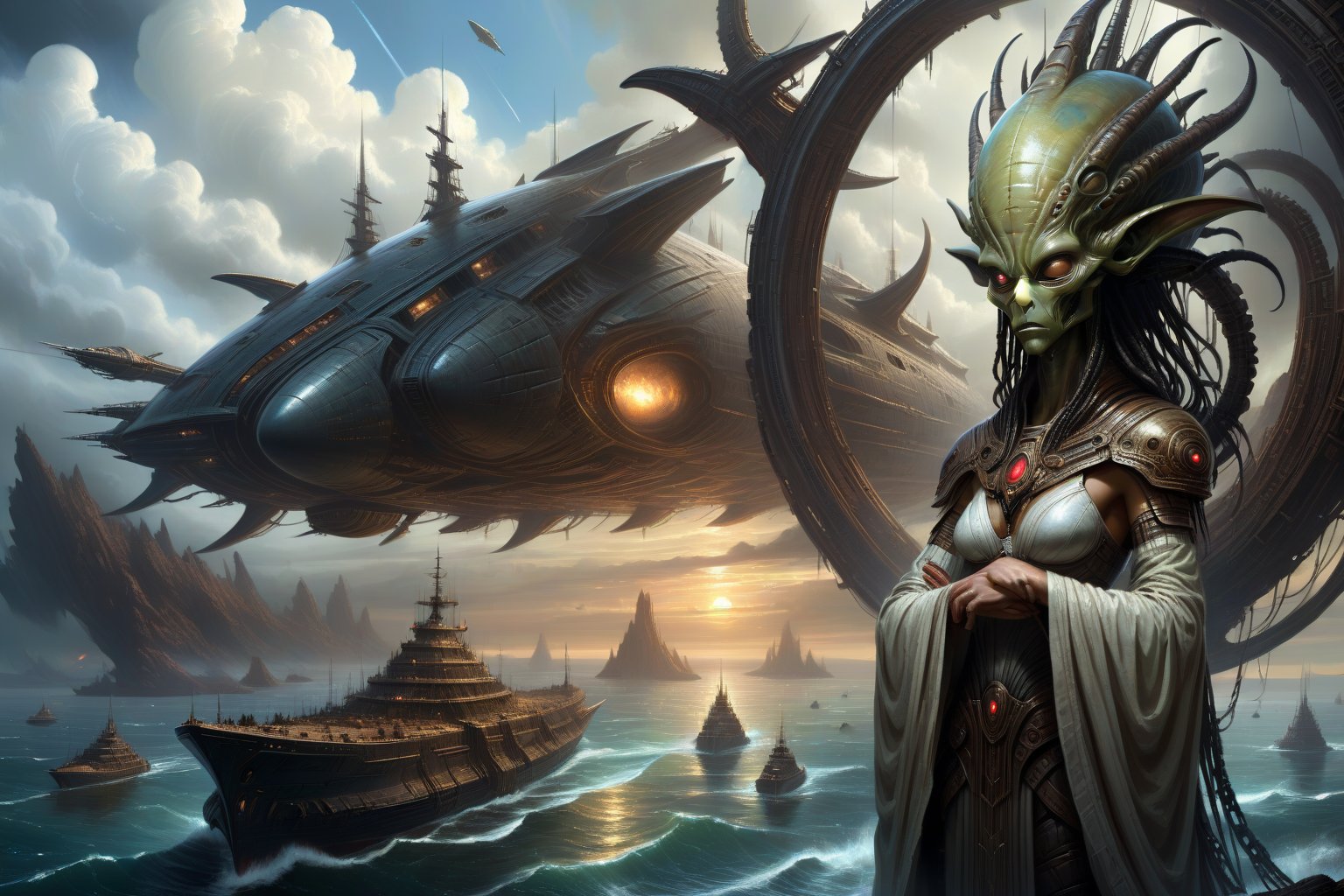 there is a painting of a giant alien ship with a giant alien head,  epic fantasy sci fi illustration,  symmetrical epic fa...