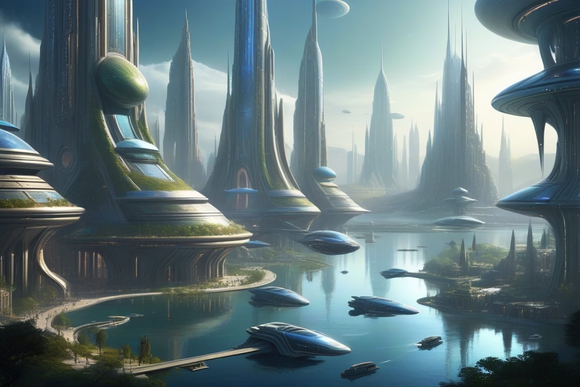 futuristic city with a lake,  in fantasy sci - fi city,  futuristic alien city by RAYSHARK1 on Tensor.Art