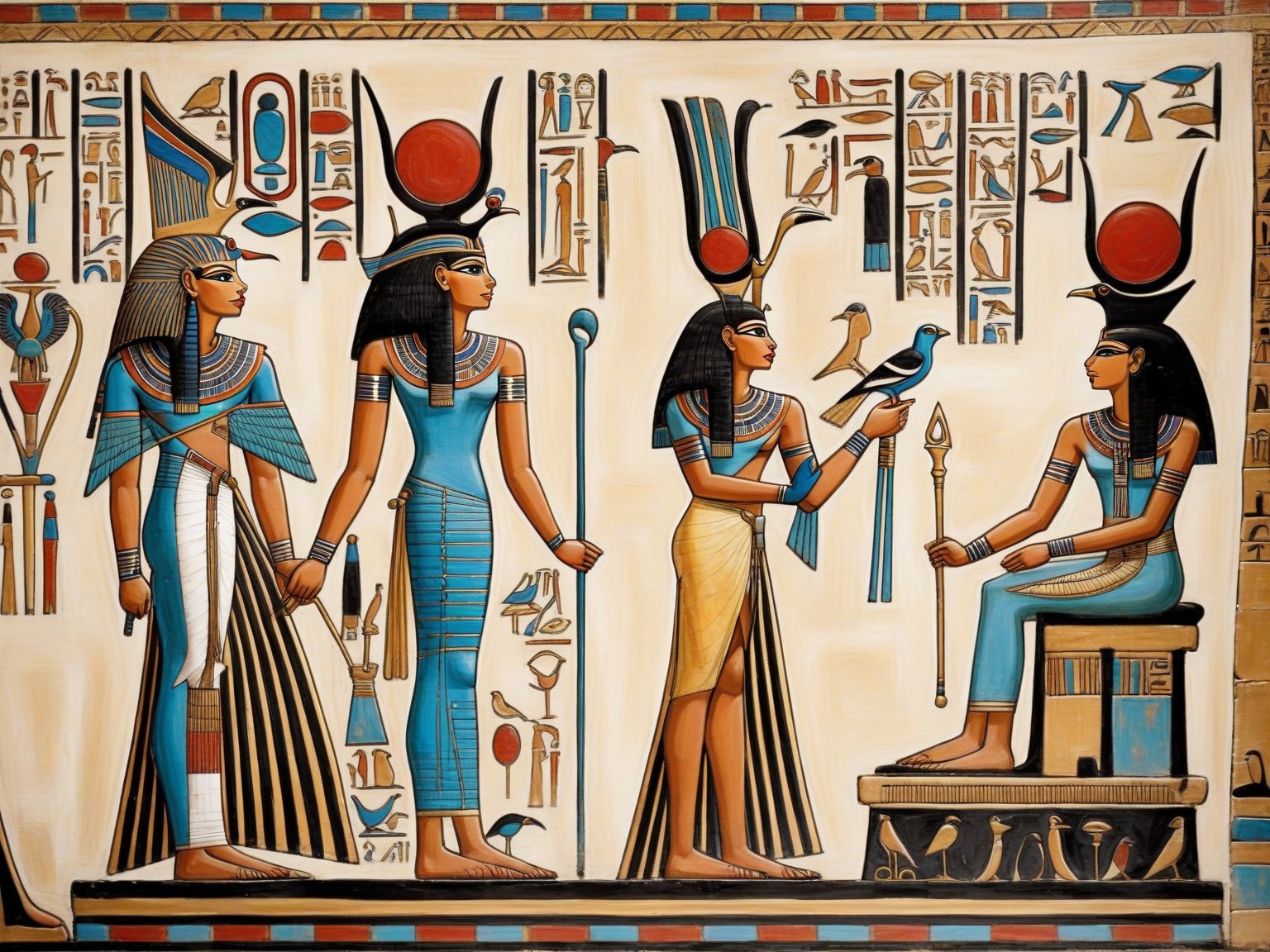 egyptian painting of a group of people with a bird,  ancient egypt painting,  ancient egypt art by RAYSHARK1 on Tensor.Art