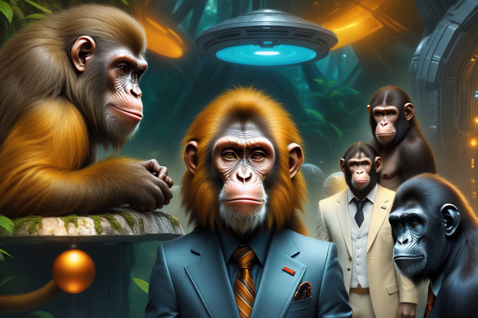 there are three monkeys and a man in a suit and tie,  macaque inside alien base,  humanoid monkey fantasy race by RAYSHARK...