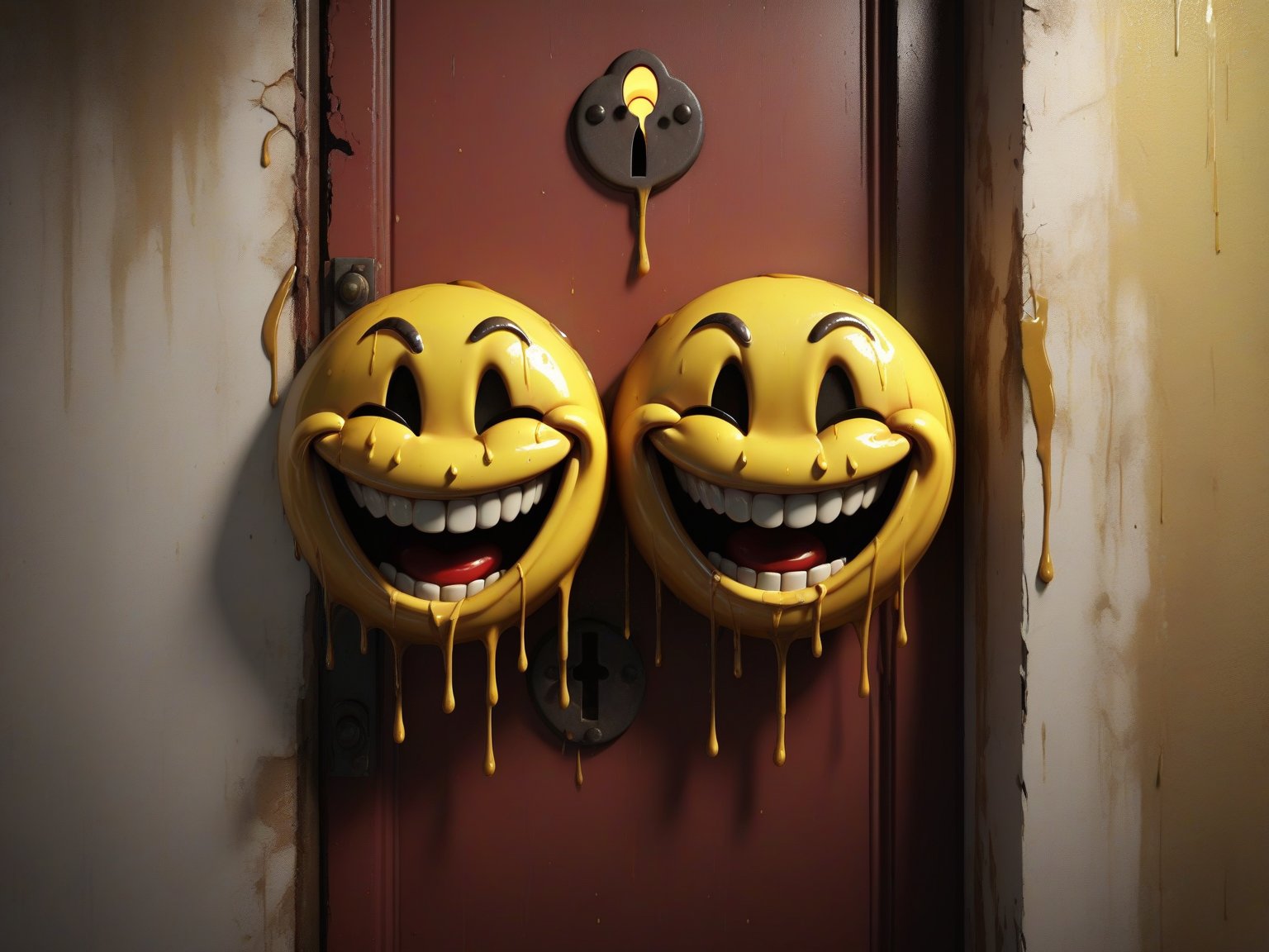 yellow smiley face with dripping paint on a door in a run down building,  creepy smile,  creepy evil smile by RAYSHARK1 on...