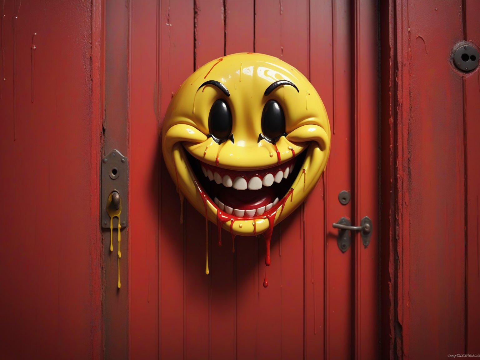 yellow smiley face with dripping paint on a red door in a run down building,  creepy smile,  creepy evil smile by RAYSHARK...