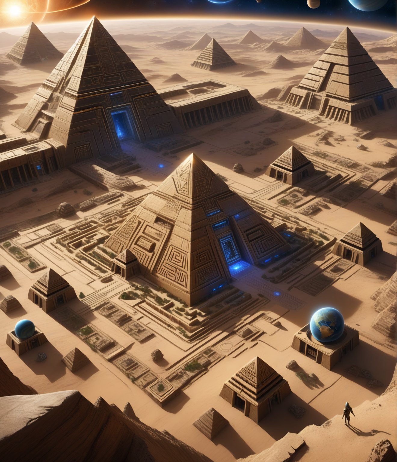 there is a triangle with a maze in it in front of a planet,  ancient megastructure pyramid,  ancient sci - fi elements by...