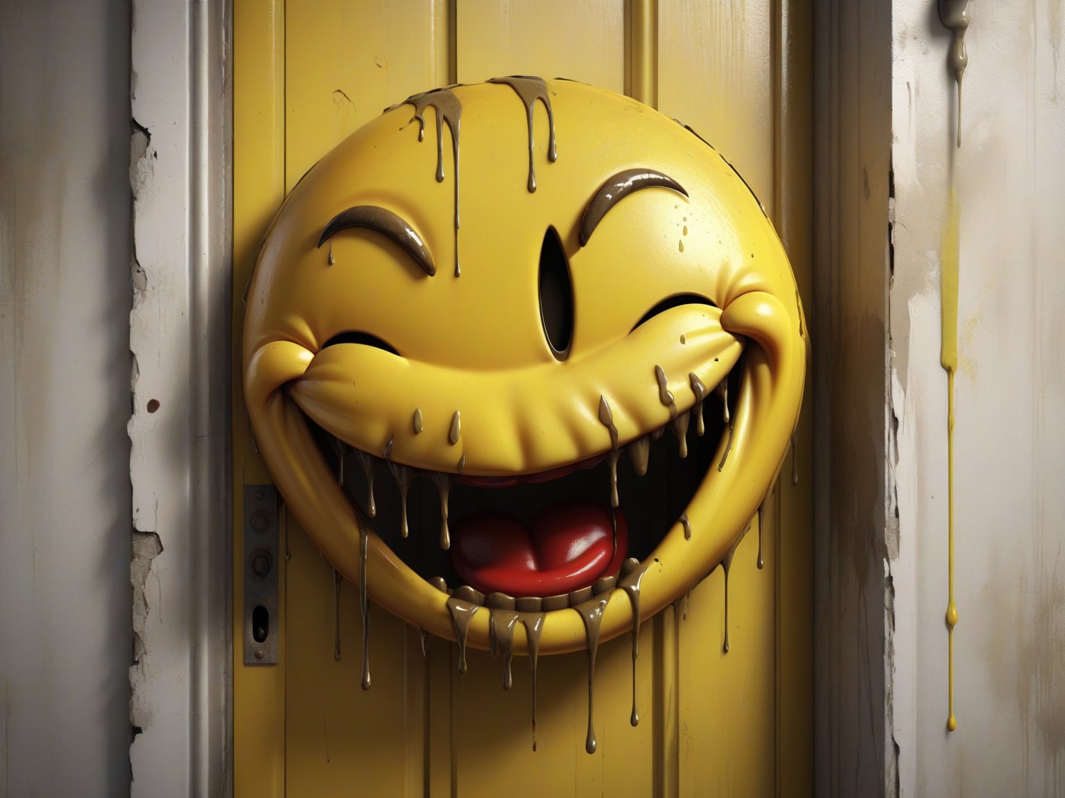 yellow smiley face with dripping paint on a door in a run down building,  creepy smile,  creepy evil smile by RAYSHARK1 on...