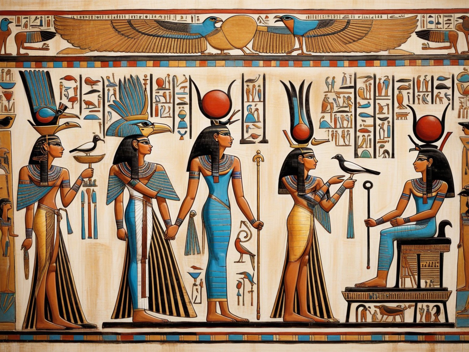 egyptian painting of a group of people with a bird,  ancient egypt painting,  ancient egypt art by RAYSHARK1 on Tensor.Art