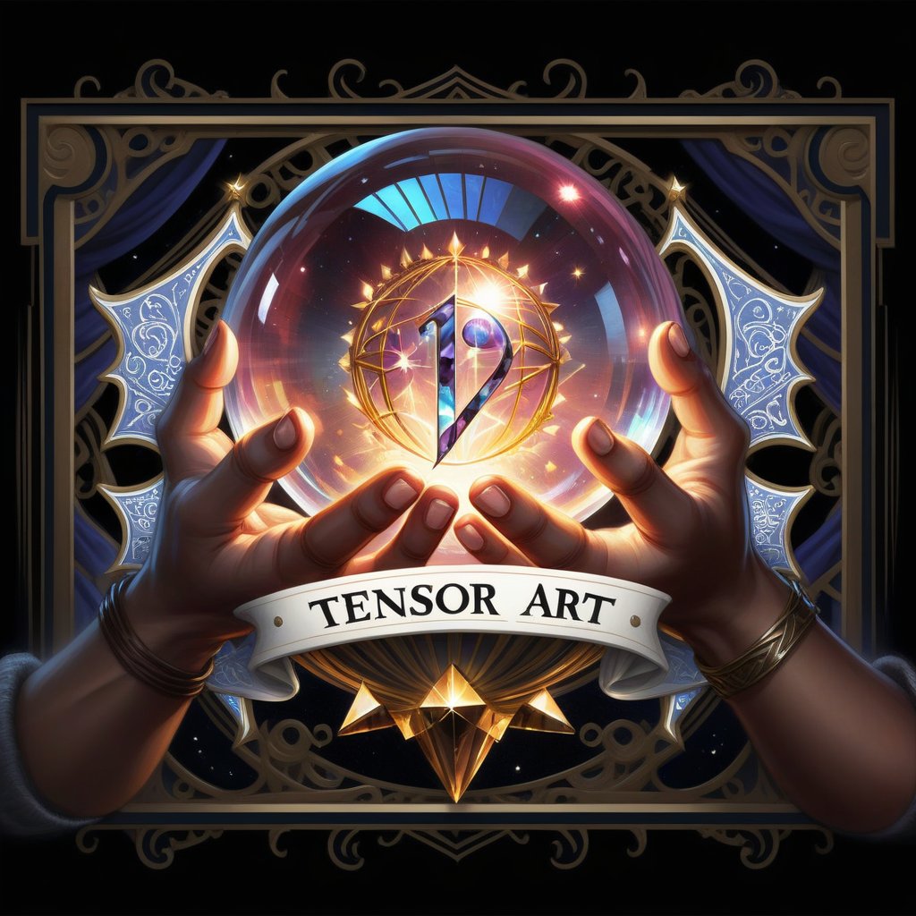 someone holding a crystal ball with the words 1 YEAR OF FUN TENSOR ART in it,  art cover,  official artwork by RAYSHARK1 o...