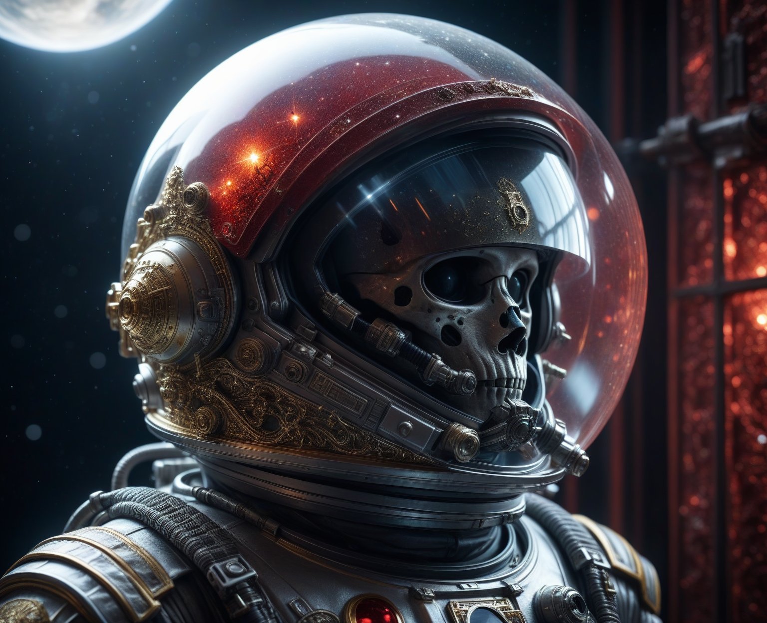 32k hires best quality professional photograph,  In the vast expanse of deep space,  a solemn close-up captures the haunti...