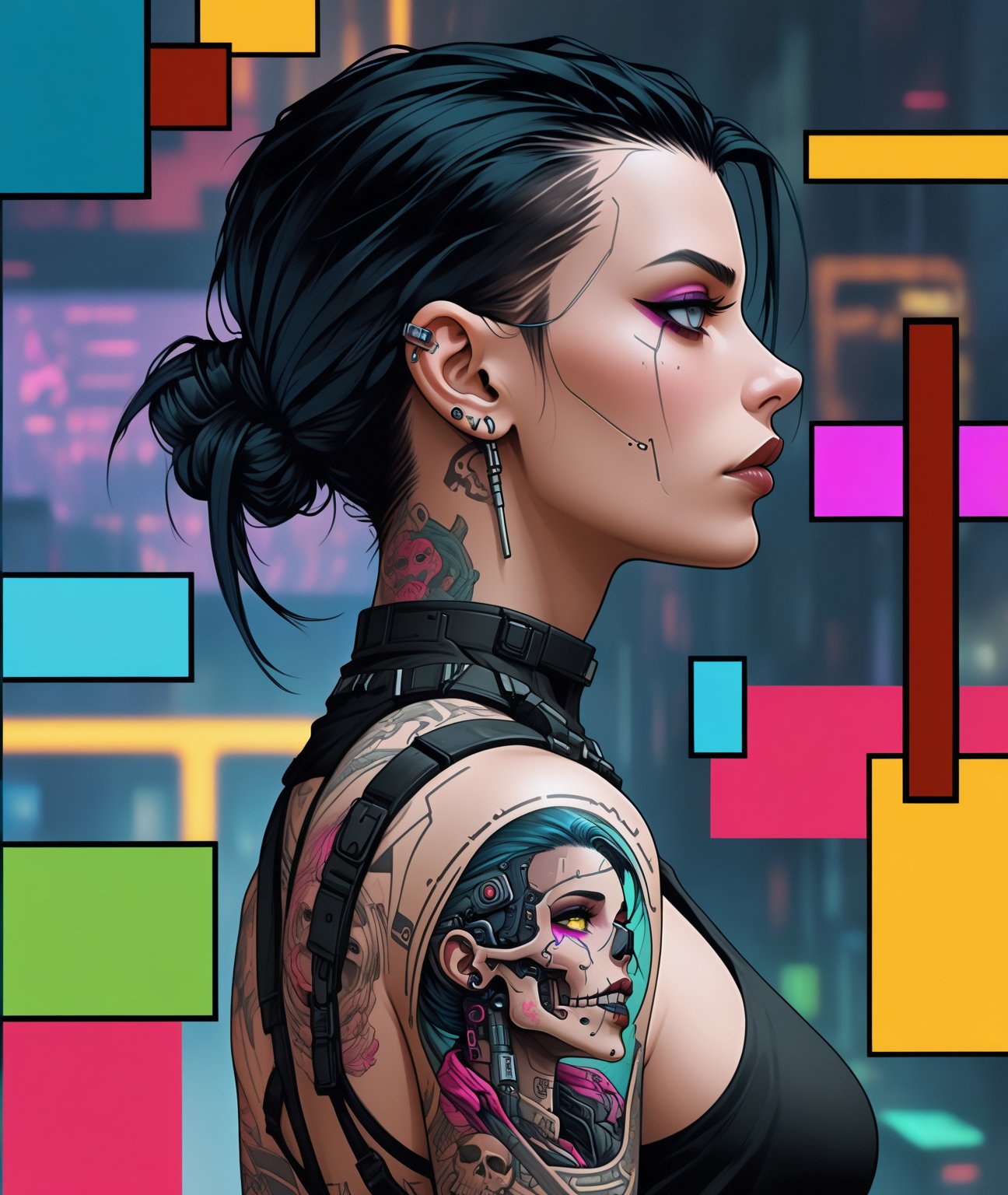 there is a woman with a tattoo on her arm and a skull on her shoulder,  cyberpunk art style,  the cyberpunk girl portrait...