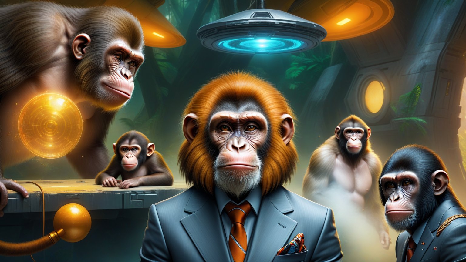 there are three monkeys and a man in a suit and tie,  macaque inside alien base,  humanoid monkey fantasy race by RAYSHARK...
