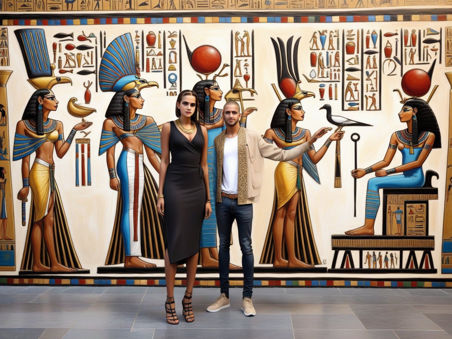 there is a woman and a man standing in front of a painting of egyptian women,  egyptian clothing,  egyptian clothes by RAY...