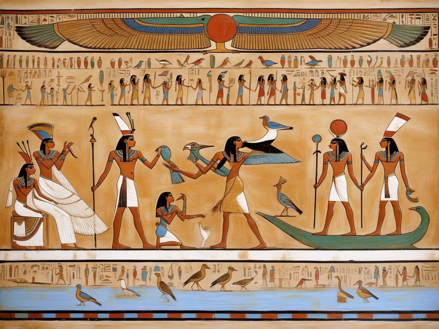 egyptian painting of a group of people with a bird,  ancient egypt painting,  ancient egypt art by RAYSHARK1 on Tensor.Art