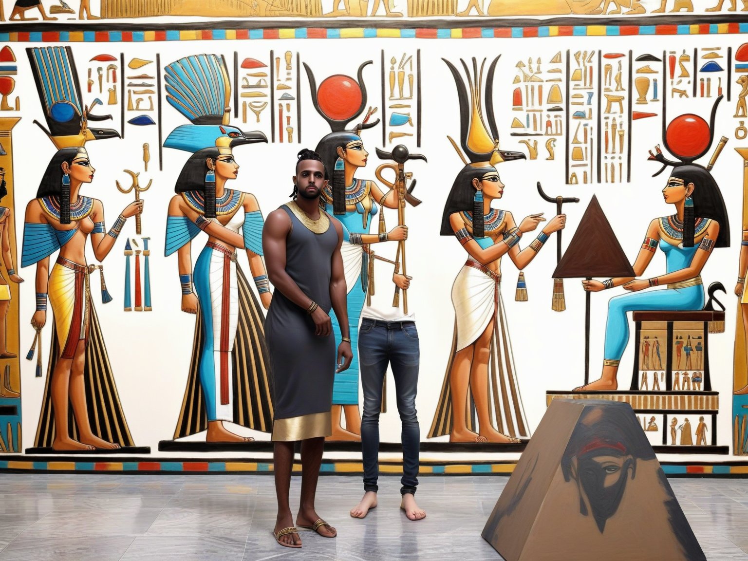 there is a woman and a man standing in front of a painting of egyptian women,  egyptian clothing,  egyptian clothes by RAY...
