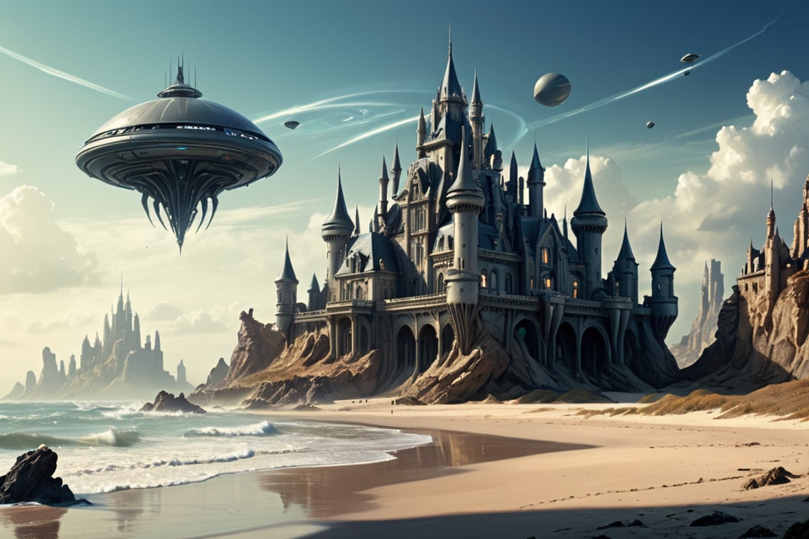 there is a large building on the beach with a flying object,  inspired victorian sci - fi,  in a castle on an alien planet...