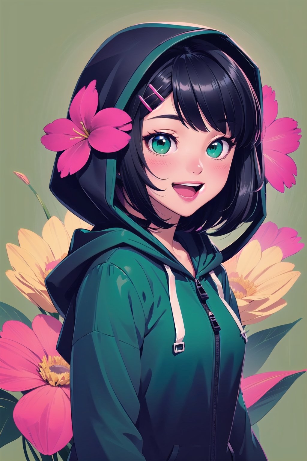 1girl, solo, hair ornament, green eyes, black hair, smile, flower, hood, hair flower, short hair, hairclip, open mouth, looking at viewer, blush, upper body, bangs, hood up, zipper, long sleeves, green background, :d