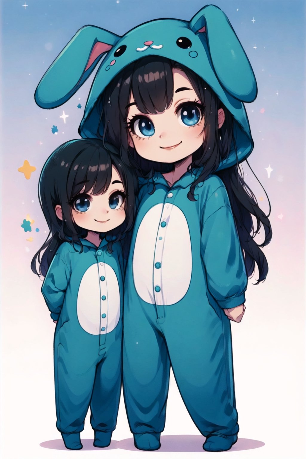 long hair, blue eyes, sitting, black hair, chibi, smile, bangs, looking at viewer, multiple girls, full body, standing, 2girls, black eyes,pajama onesie bunny
