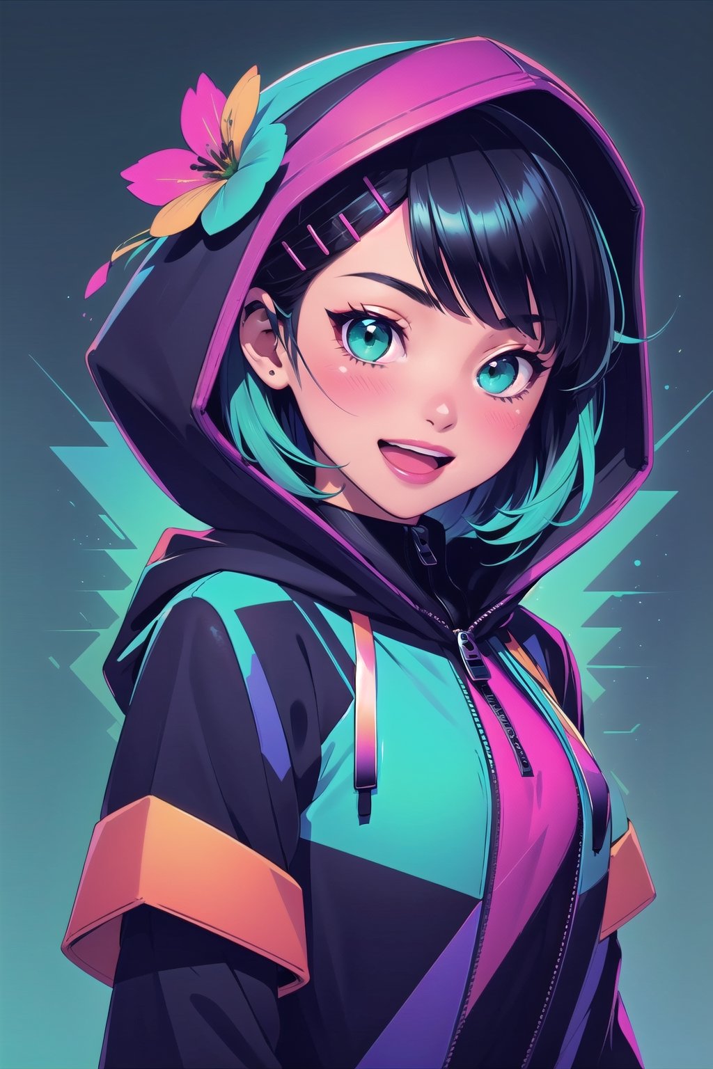 1girl, solo, hair ornament, green eyes, black hair, smile, flower, hood, hair flower, short hair, hairclip, open mouth, looking at viewer, blush, upper body, bangs, hood up, zipper, long sleeves, green background, :d, holographic