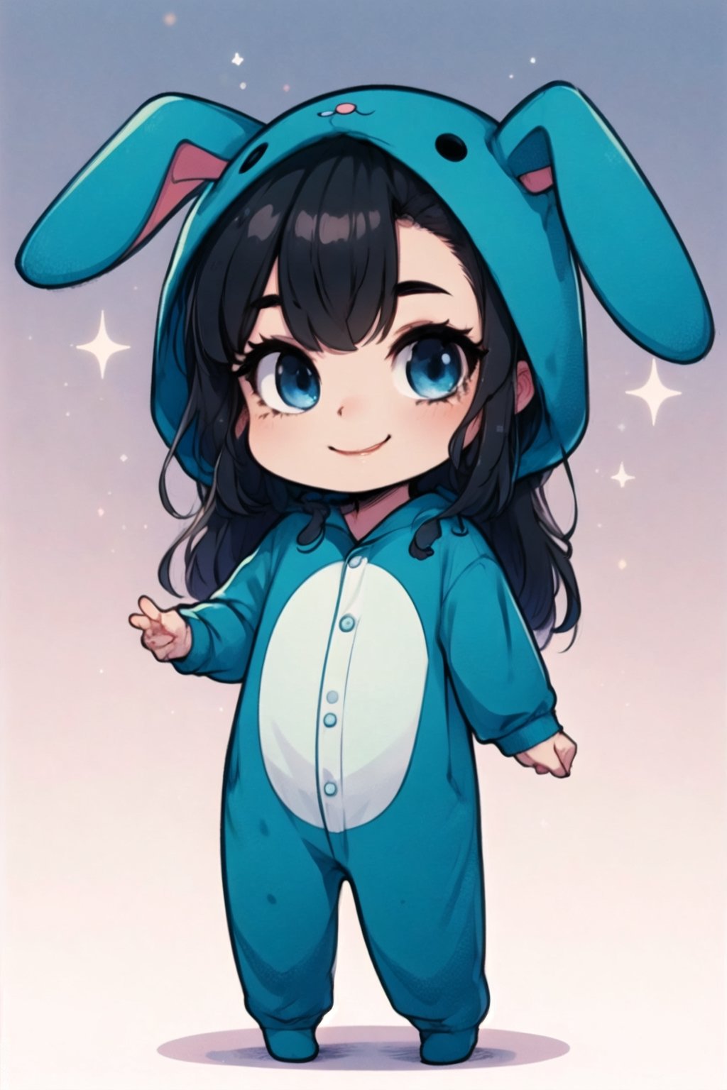 long hair, blue eyes, sitting, black hair, chibi, smile, bangs, looking at viewer, multiple girls, full body, standing, 2girls, black eyes,pajama onesie bunny
